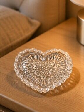 Vintage Crystal Glass Hearts Bowl Valentine's Day Trinket Dish Candy Dish